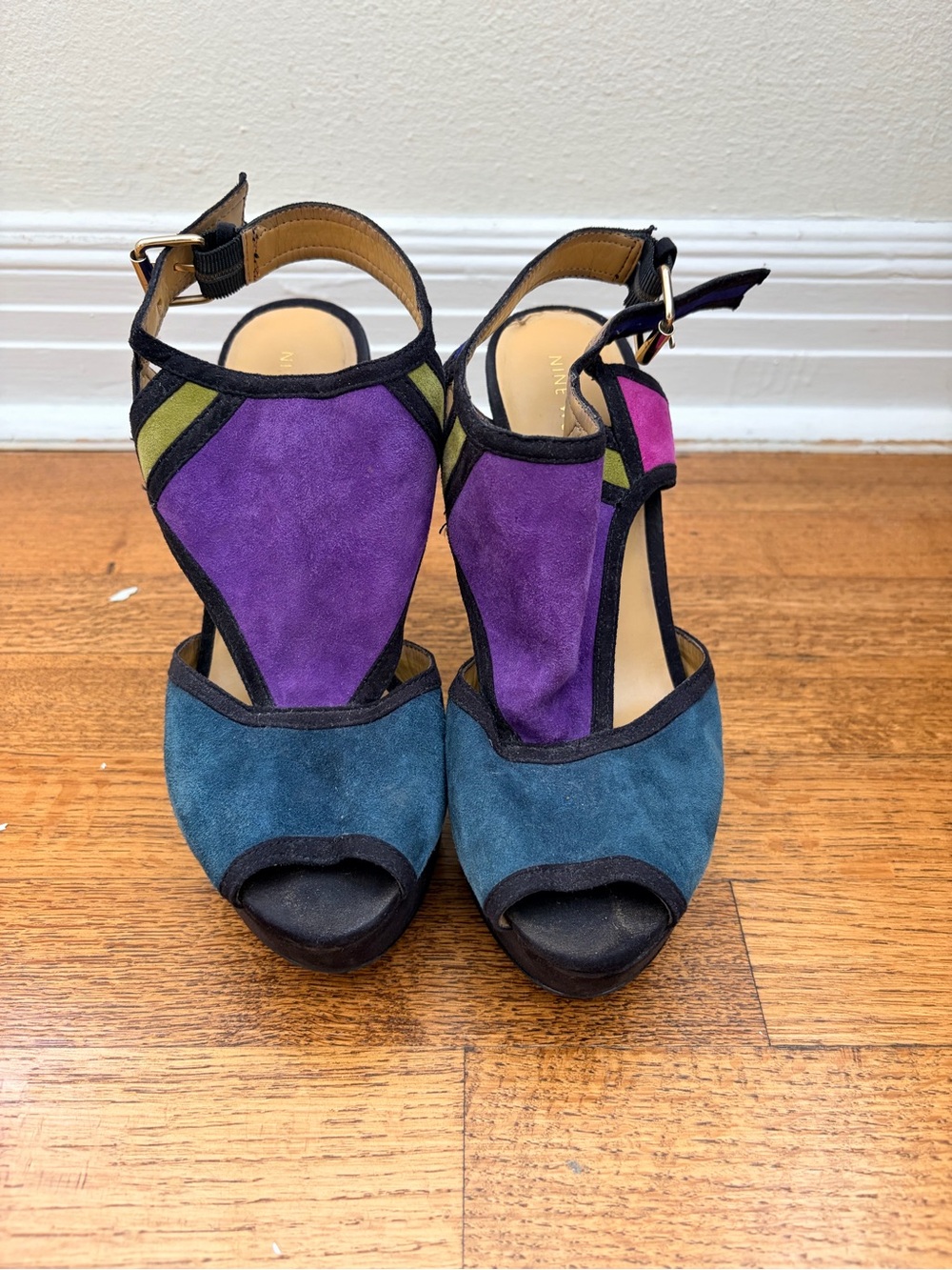 Nine West Multicolor Suede T-Strap Heels — Purple, Teal, Olive, Magenta